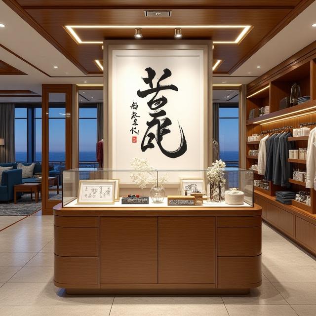 Custom calligraphy art display in luxury cruise ship retail boutique