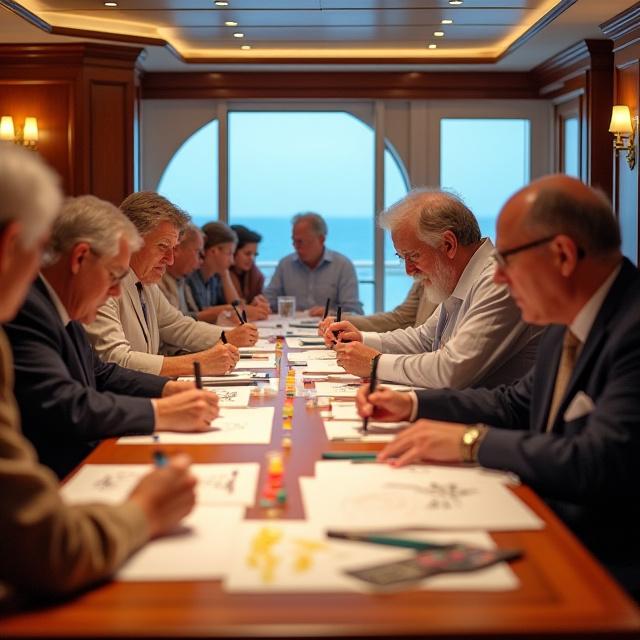Guests participating in luxury cruise onboard calligraphy workshop